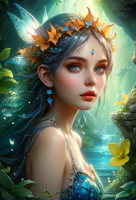 a fairy in a grotto,((full body)) beautiful detailed eyes, beautiful detailed lips, extremely detailed face, long eyelashes, beautiful fairy in a mystical grotto, ornate fantasy setting, glowing bioluminescent plants, ambient lighting, dreamlike atmosphere...