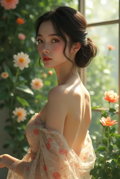 In a lush indoor garden、A Japanese woman is wearing a floral sheer top、A close-up of her breasts and soft flowers in the background、Creating harmony between nature and beauty。Sidelong glance