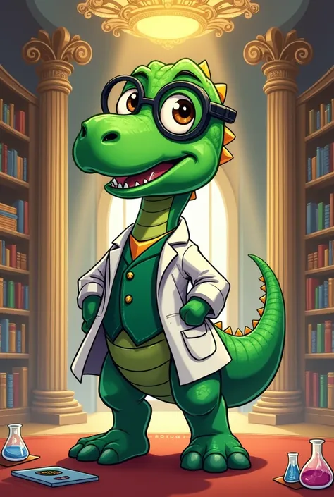 A cute scientist Dinosaur as the green power ranger in cartoon style before a library background 