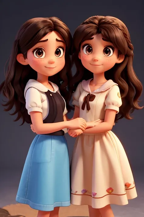 Disney pixar style make two girls kids sisters, a brunette with dark brown wavy hair, and the other with fair skin and straight black hair, posing together in an intimate and affectionate portrait. The brunette sister has deep brown eyes and a soft smile.,...