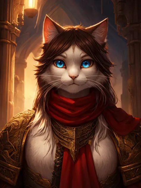 a white humanoid cat with red scarf,detailed facial features,expressive eyes,beautiful detailed face,detailed whiskers,RPG fantasy world,epic fantasy style,dramatic lighting,cinematic composition,intricate details,masterpiece,8k,high quality,photorealistic...