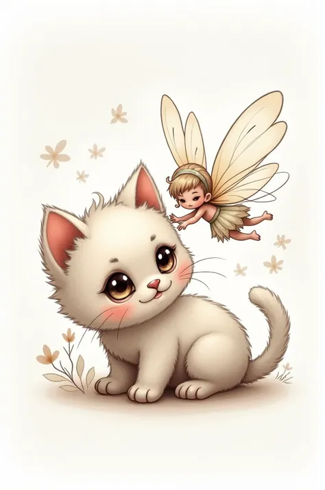 Draw a cute kitten with a cute fairy that is a sketch for tattooing 