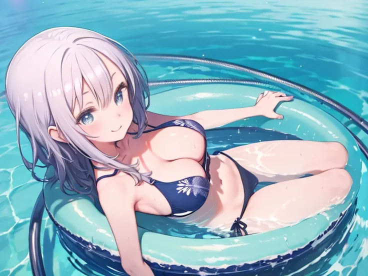 One Girl、Playing in the pool、swim ringに座る、Sit on a float、Angle from above、smile、Sparkling water surface、Wet Hair、Bikini Swimwear、Sexy Swimwear、Big Breasts、Watching the audience、Floating on water、
