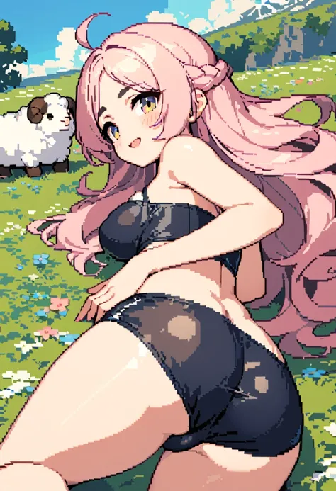 masterpiece, Highest quality, 8k, ((NSFW, Ass close up:1.3, Realistic anal, リアルなwoman器)), Detailed pixel art, Vivid, Sheep, woman, 若いwoman, smile, cute, Directed at an angle, Open your mouth, Fluffy hair, Long Hair, Hair like sheeps hair, Pink Hair, eyebro...