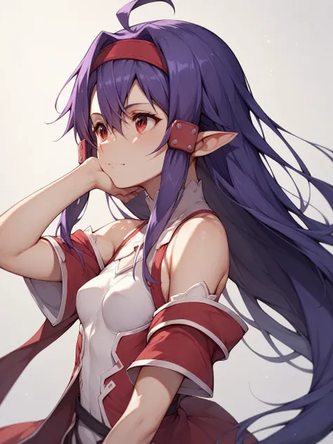 sword art online,yuki konno,parting the bangs,dark purple hair, long hair, ahoge, red eyes, pointy ears,red hairband, small brea...