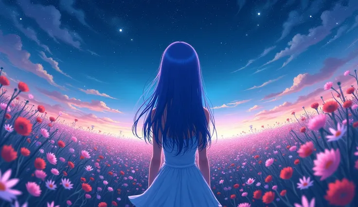 １people々々々々々々々々々々々々々々々,Blue long-haired woman， White camisole，silhouette， Rear View，Space Sky, Flower Field，Colorful flowers, night sky