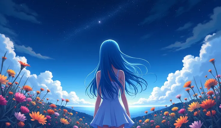 １people々々々々々々々々々々々々々々々,Blue long-haired woman， White camisole，silhouette， Rear View，Space Sky, Flower Field，Colorful flowers, night sky