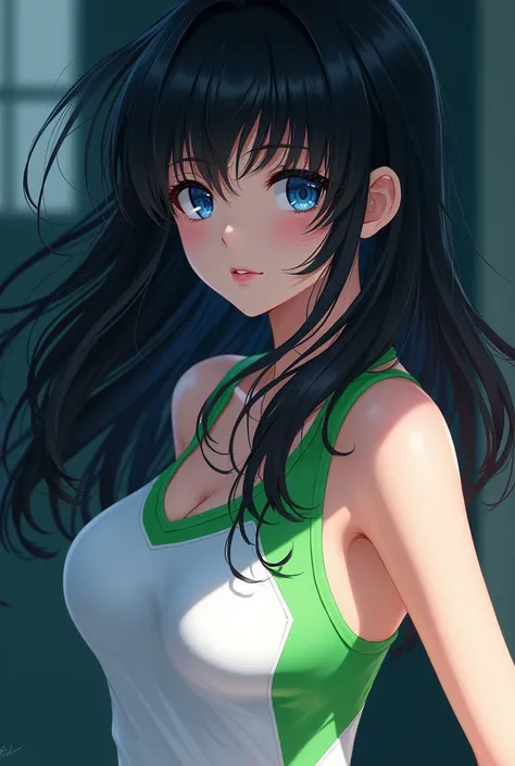 Beautiful young woman with blue eyes and black hair in a tennis uniform with green details, resembling the anime character Kagome Higurashi in a sensual pose