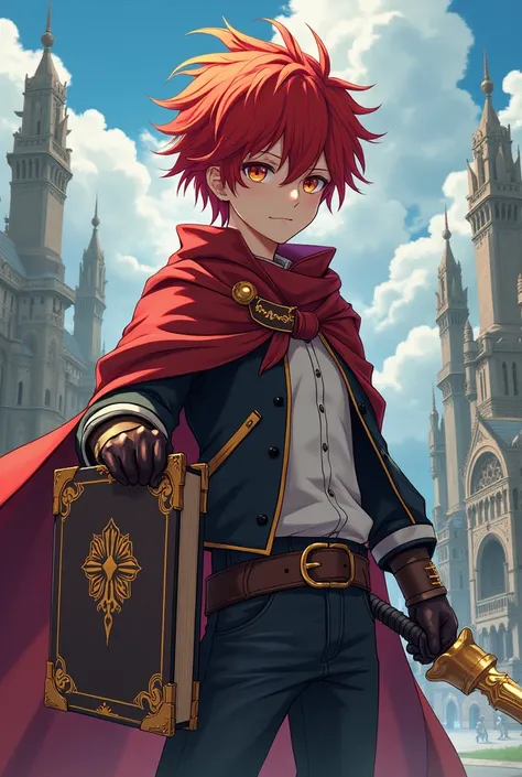 ((best qualityer)), ((work of art)), (detailded), 1 boy, with red hair, with a Grimoire and a sword, no mundo de black clover, ((inspirado em black clover)) 