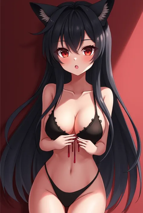 Anime girl with red eyes and long black hair showing vagina