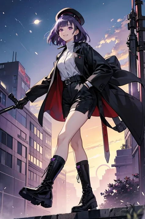 Anime Art、City roads、Full body portrait、Modern Street Killer、Moonlit Ruins、Tall Woman, Height: approx. 175cm, Around 20 years old, Wearing a black jacket and shorts, Holding a baseball bat and swinging it、Black socks、Short Medium Hairstyles、The eyes are co...