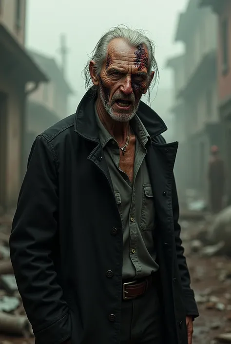 An aged-looking man with a deformed face and a closed black overcoat, face full of scars and burns caused by a fire surviving in a zombie apocalypse, his face has several deformities, also including burn marks, marks of injuries caused by fire on the face,...