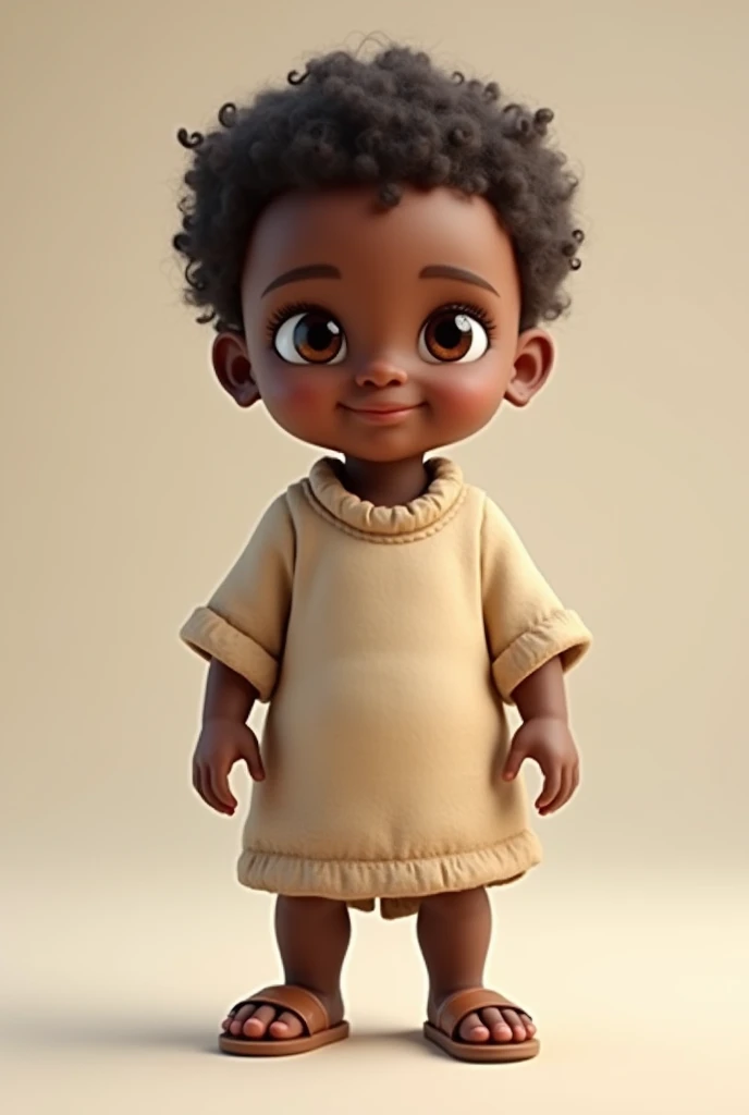 3d illustration of a baby , 1 year, dark-skinned, chubby cheeks, eyes browns, rosto comprido, salient head, few curly hairs, slight smile on your face, with clothes from biblical times, standing with leather sandals