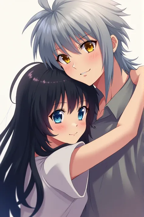 Silver haired man with golden eyes hugging black haired girl with blue eyes Kagome Higurashi