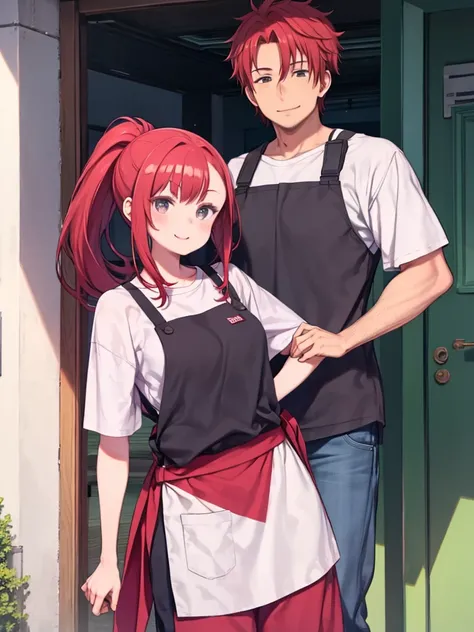 She has her red hair tied back in a loose ponytail., Bright smile、He is wearing an apron over his T-shirt and jeans.