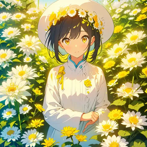 A girl among small white chrysanthemums with yellow centers