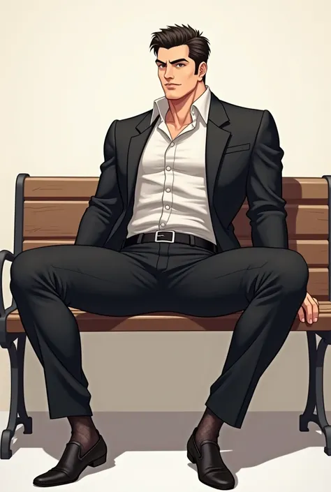 anime art: a suited masculine guy wearing black transparent sheer socks manspreading on a bench, big bulge