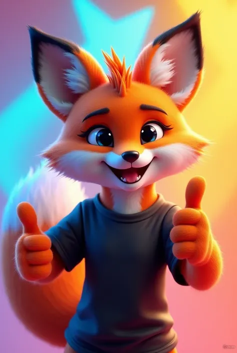 Fox in black shirt giving thumbs up for photo in 3D pointer color transparent background 