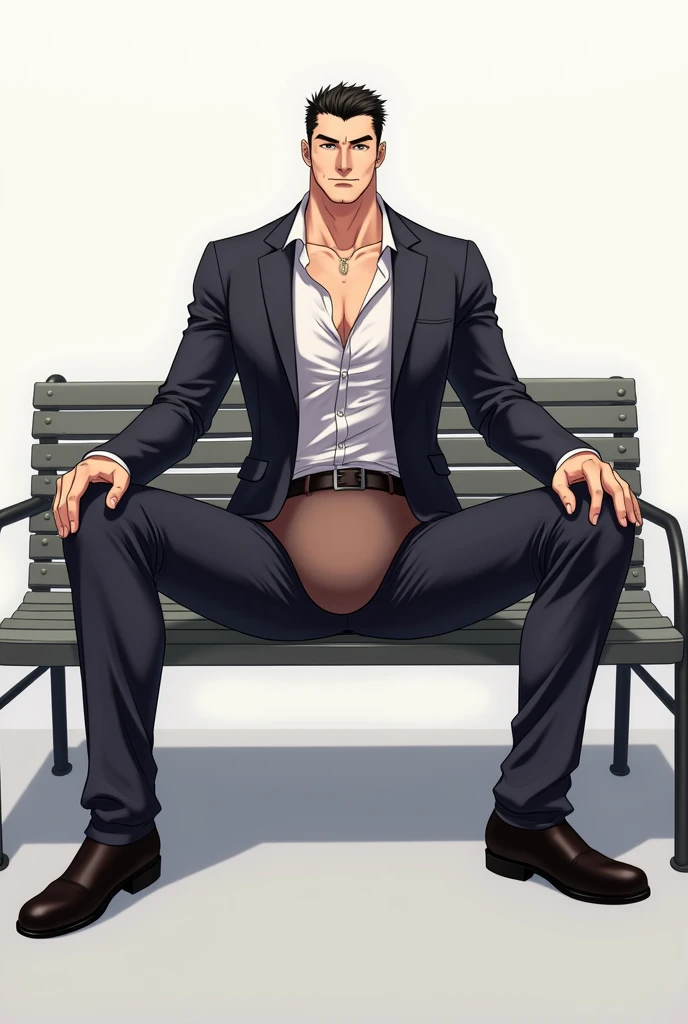 anime art: a suited masculine guy wearing black transparent sheer socks manspreading on a bench, big bulge