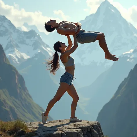 Beautiful teen Girl lifting a man high over her head with her strong arms. She is standing on a cliff with tall Mountains in the background. 