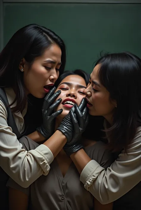 two Indonesian female teachers wearing nail gloves were strangling a womans neck

