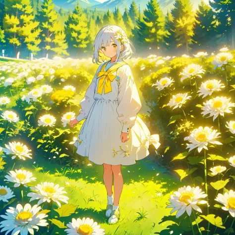 A girl stands on a hill with small white chrysanthemums with yellow centers at her feet