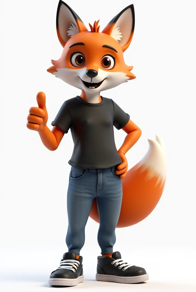 Fox in black casual computer clothing giving thumbs up for full body 3D photo on transparent background