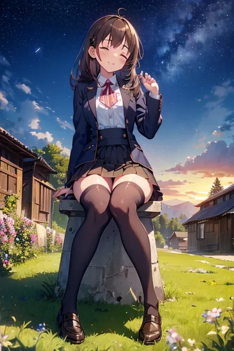 ：best quality, 1girl, solo, (maria mikhailovna kujou:1.2), __posture__, long hair, brown hair, hair ornament, ahoge, bangs, hair between eyes, brown eyes, school uniform, black thighhighs, thighhighs, zettai ryouiki, brown jacket, jacket, long sleeves, bla...