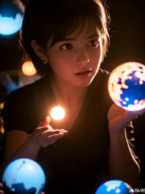 (1girl:1.2), short dark hair, white skin, mouth open and expressionless, sitting, (hands holding glowing orb:1.15), (two glowing spheres orbiting around her:1.1), high quality, 4k, photorealistic, intricate details, cinematic lighting, vibrant colors