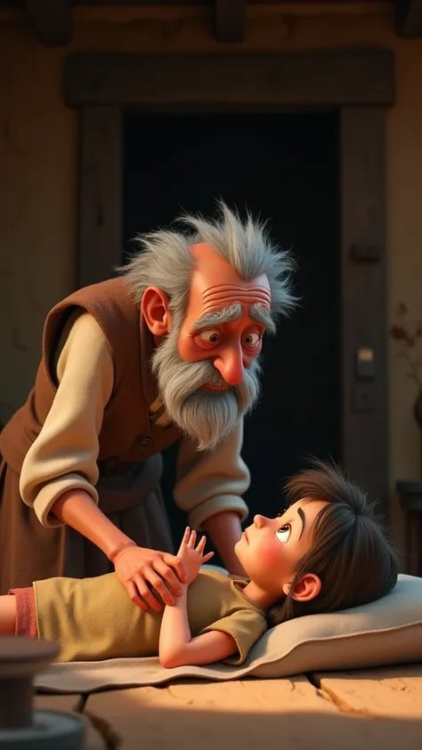 The old poor mans little daughter is sick: His daughter is seriously ill, and he sits anxiously beside her inside his humble hut , 3d animation ,disney inspired