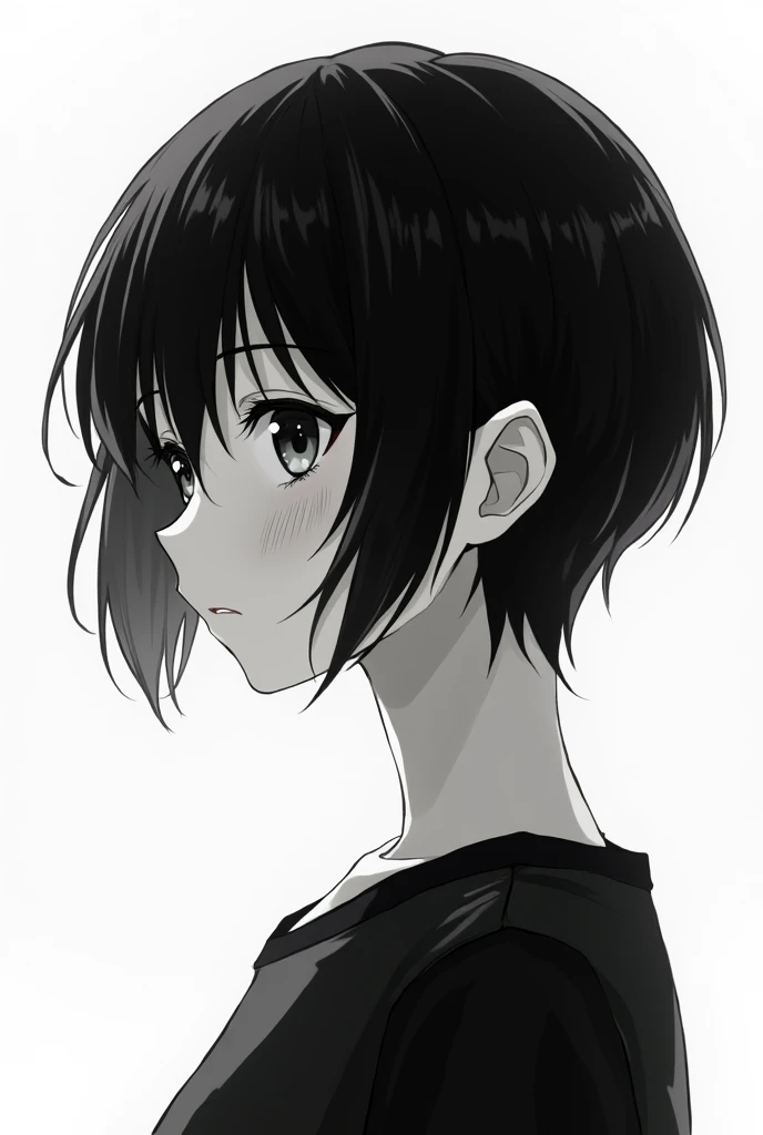 black short hair girl, black and white anime style female, white pretty tomboy butterfly cut