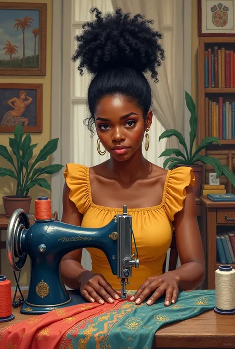 Drawing of a black Brazilian seamstress with curly hair tied up 