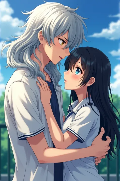 Anime Man without smile very handsome long silver hair and golden eyes, Hugging with lust a beautiful girl with black hair and blue eyes dressed as a tennis player