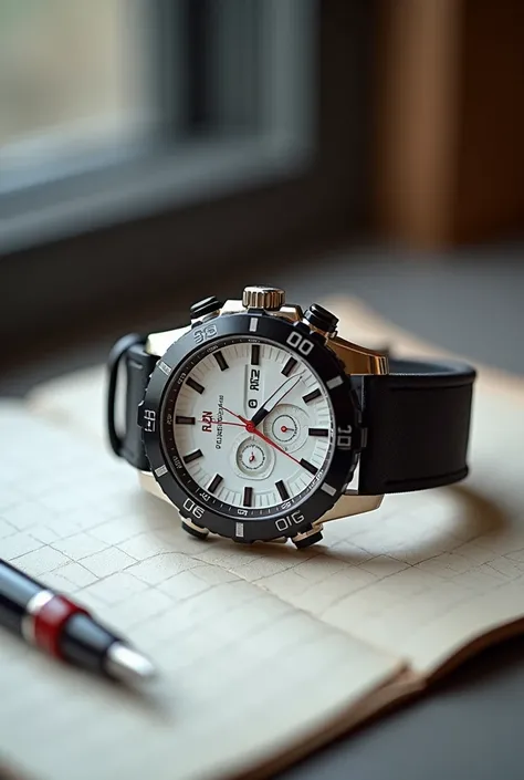 a close up of a watch on a table with a pen, a stock photo by Luis Miranda, reddit, baroque, silver sports watch, background focus, detailed image, minimalist, crisp details, medium close-up shot, highly realistic”, high quality], slide show, white gold bl...