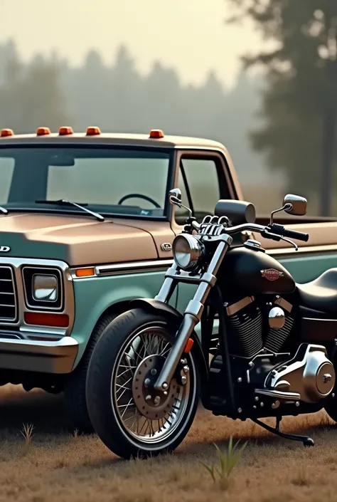 Cell phone wallpaper with depth of field old Ford Ranger 1985 with a Harley motorcycle side by side