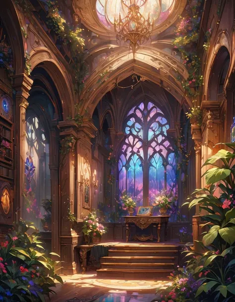 detailed textures, high quality, high resolution, high precision, realism, color correction, correct lighting settings, harmonious composition. A vibrant, detailed digital painting of an enchanted room filled with magical blue and purple crystal objects, t...