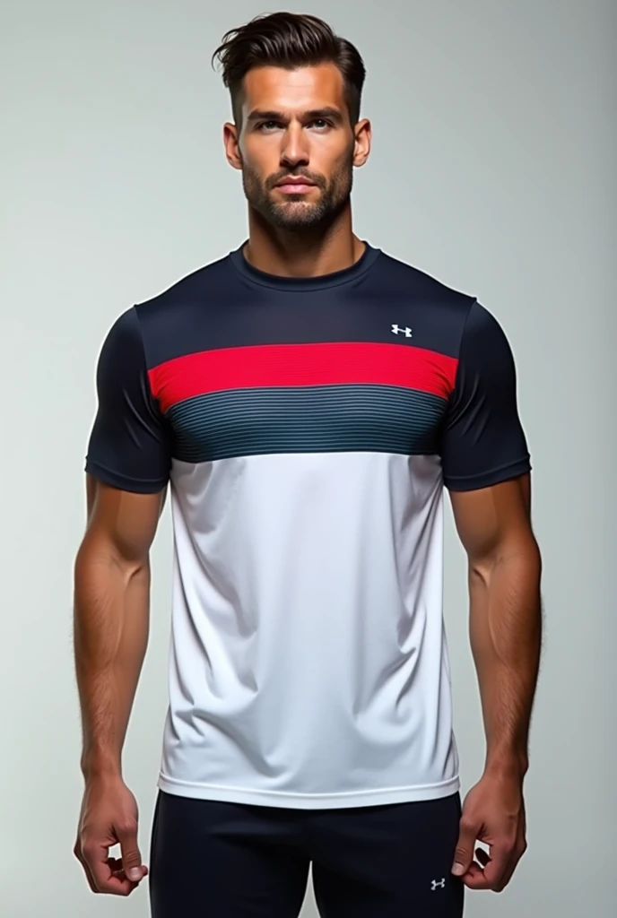 Sports shirt with a thin horizontal stripe in dark aquamarine and another thin horizontal stripe in red and from the middle of the torso down in white