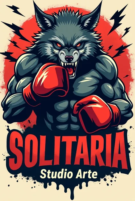 
Boxing wolf logo with acronym Loba Solitaria Studio Arte, with spray can and lightning in the background

