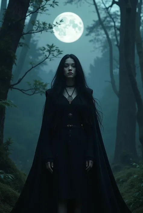 A young witch (Beautiful face) standing in front of the forest, wearing a circular amulet, with a full moon in the sky, black hair, shes wearing a black cloak , (extremely detailed CG unified 8k wallpaper), highly detailed, masterpiece, (HDR)(wallpaper) (F...