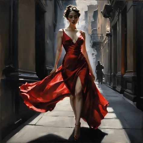 a sensual oil painting, a woman in a vibrant red dress, realistic, cinematic lighting, dramatic black and white background, intricate details, john singer sargent style, high contrast, chiaroscuro, dramatic shadows, sophisticated composition, bold brushstr...