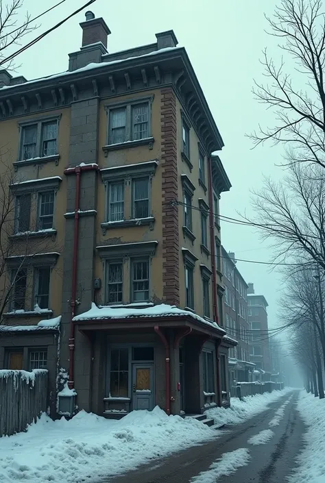 old abandoned small condominium in a city, zombie apocalypse style.
In winter.