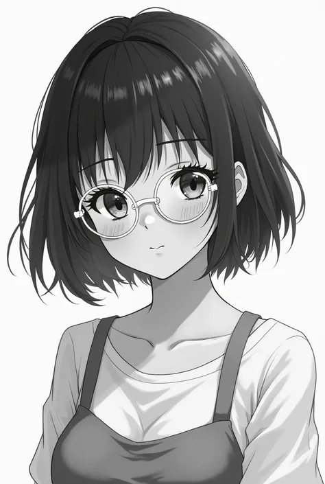 black and white anime style girl female, white pretty round glasses