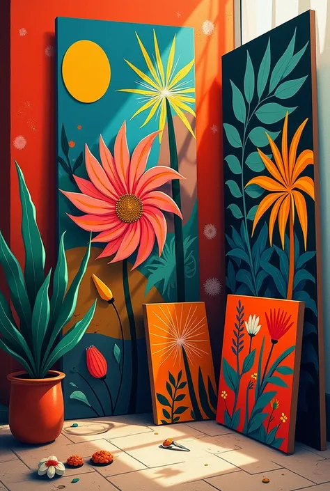 create an Illustration focusing on the paintings made by the Salvadoran artist Fernando Yord, He used a palm style with red colors, blue, green, yellow, black and white.