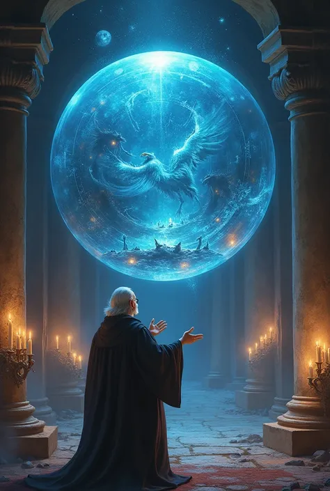 RPG illustration In an ancient chamber lit by candles, a wise wizard gazes upon a floating crystal sphere, where nebulous images begin to form. Inside the sphere, scenes from the future unfold like a fast-paced movie: battles, alliances, and critical decis...