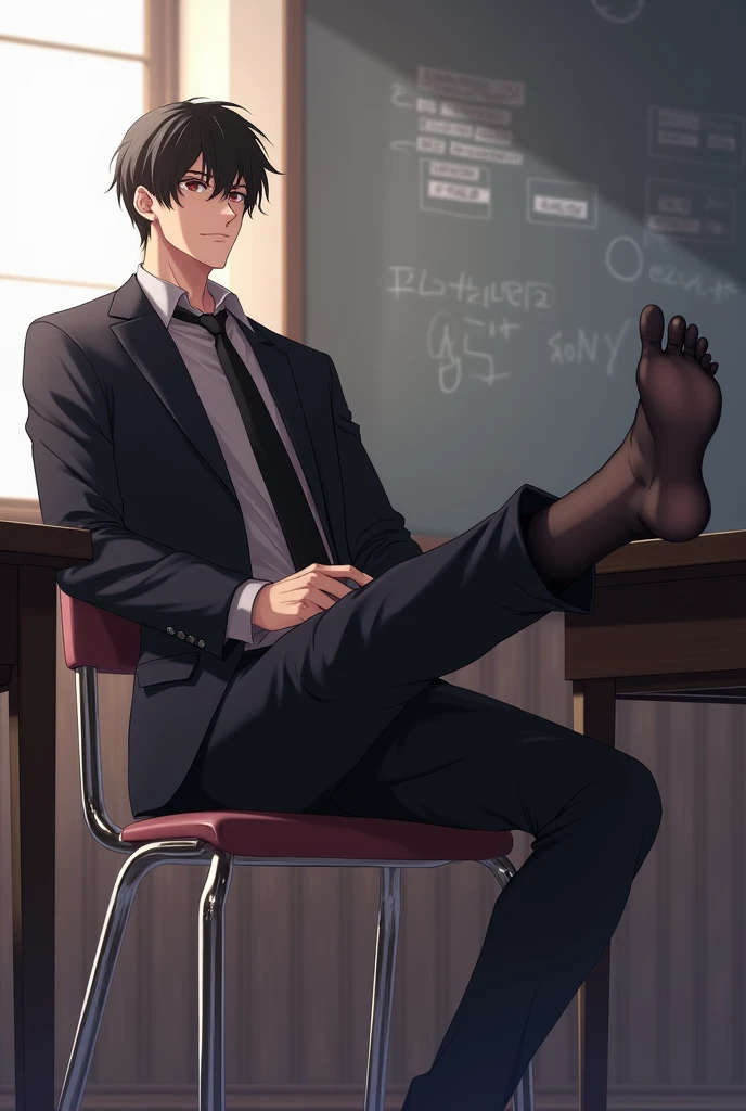 anime art: a suited masculine guy wearing black transparent sheer socks sat on a chair with his legs up on the desk insie a classroom