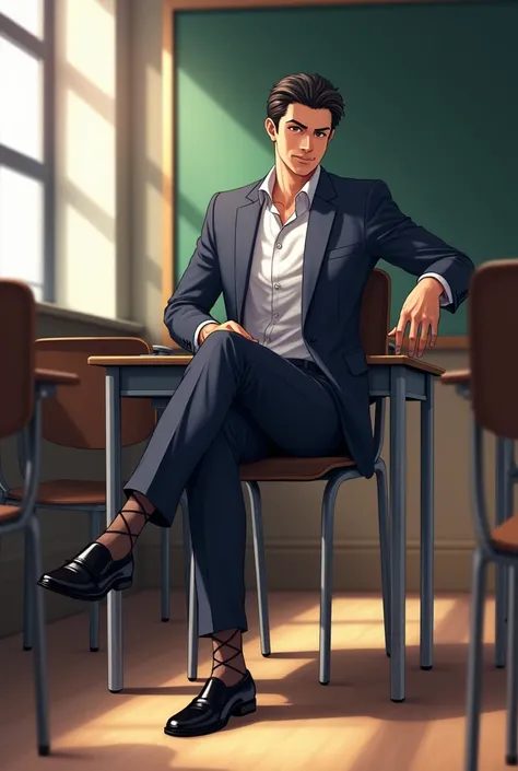 anime art: a suited masculine guy wearing black transparent sheer socks sat on a chair with his legs up on the desk insie a classroom