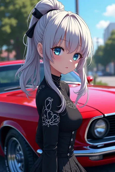 Elizabeth from the 7 Deadly Sins with great features in a 69 Ford Mustang 