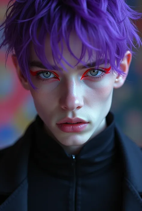 Young white-skinned man, purple hair, purple eyes and red eyeliner