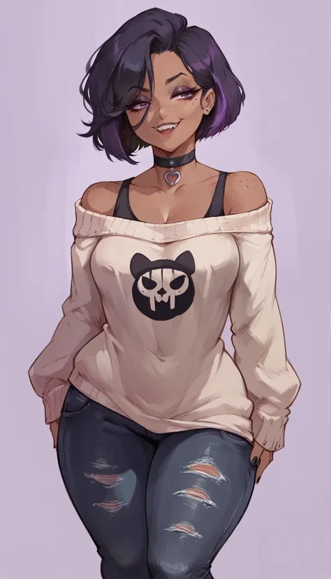 (solo) female , black short hair, woman, attractive, goth,  black jeans, choker, wearing an off-shoulder sweater , thicc, freckl...