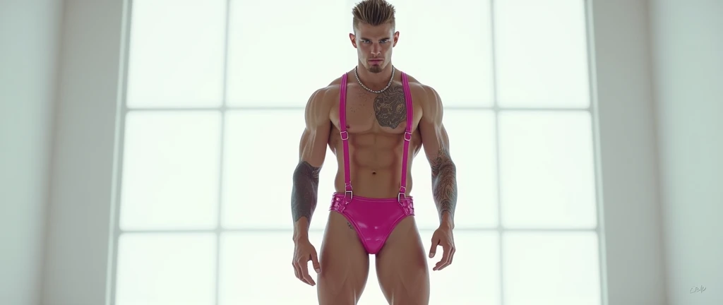 Fullbody standing picture of white skin Handsome muscular horny nude sexy gay man wearing sexy shiny pink latex harness, shiny black Disconnected Pompadour oiled hair style, blue eyes, shiny brown varnished vinyl shoes, red lip, chain, tattoos, horny, cum ...